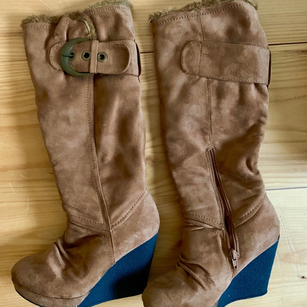 Wedge faux suede knee high boot